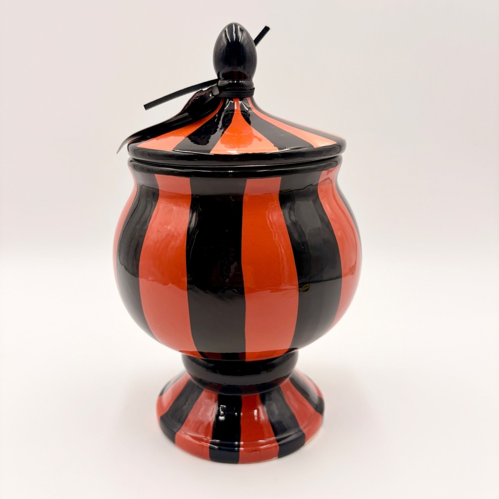 Well Dressed Home Orange Black Striped Ceramic Halloween Pedestal Jar Lid